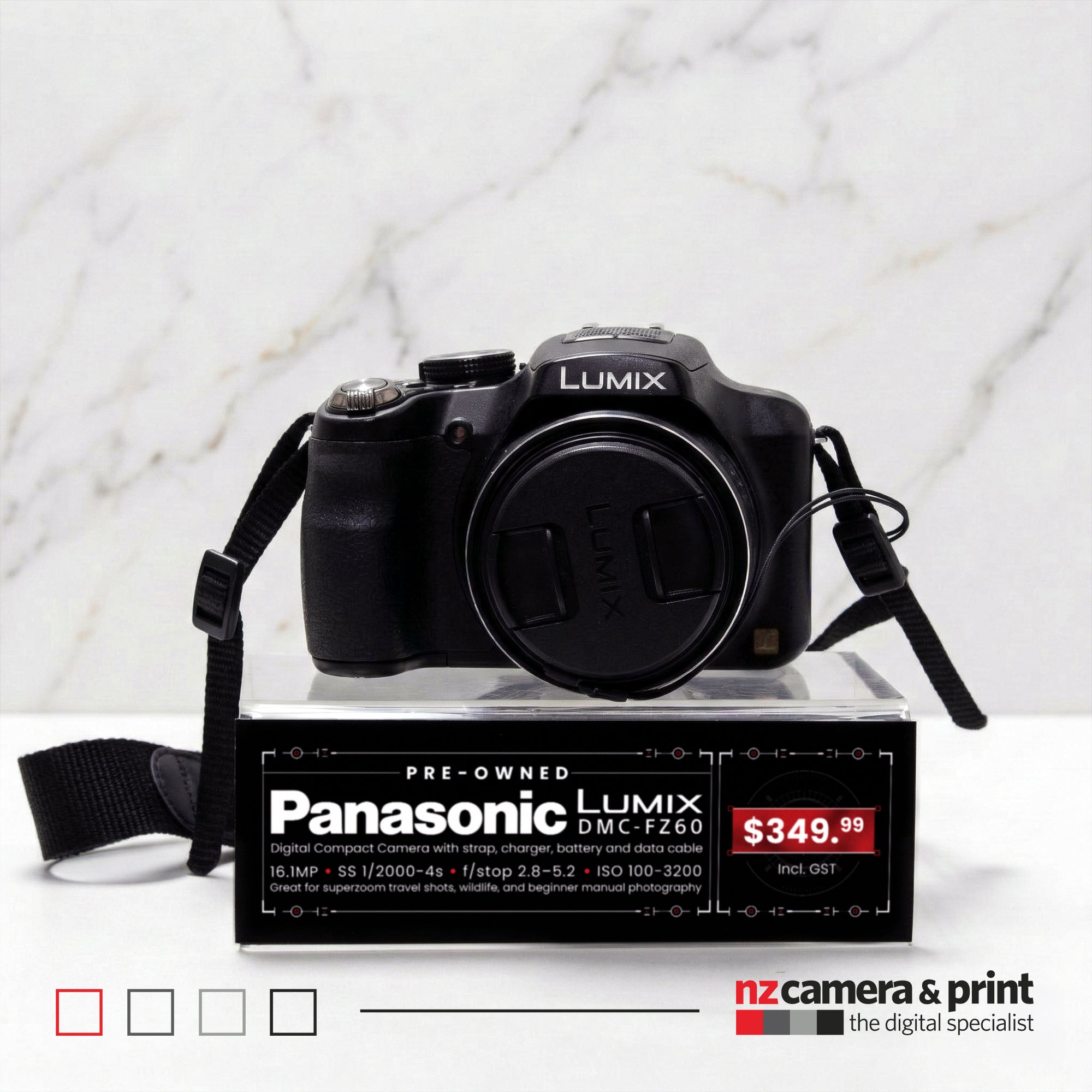 Pre-Owned Panasonic Lumix DMC FZ60 with strap, charger, battery and data cable